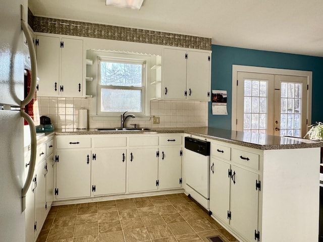 8127 Briery Branch Rd, Dayton, VA 22821 - kitchen featuring a sink, a peninsula, white appliances, open shelves, and white cabinets