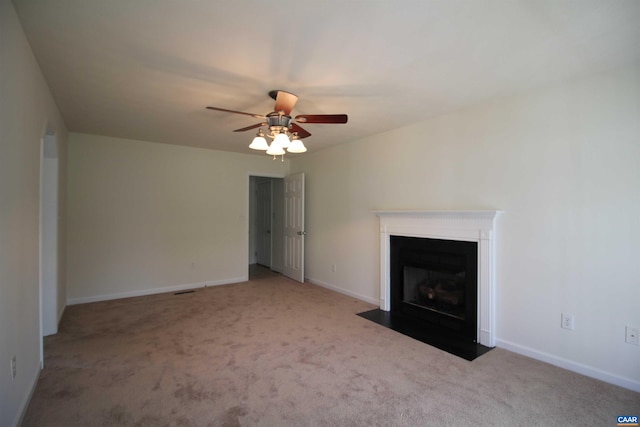 10 Lady Slipper Dr, Waynesboro, VA 22980 - unfurnished living room with carpet, a fireplace with flush hearth, ceiling fan, and baseboards
