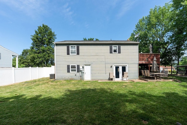 146 Harper St, Weyers Cave, VA 24486 - back of property with french doors, a wooden deck, and central AC