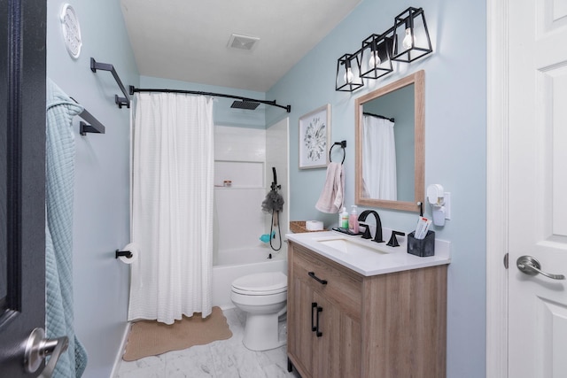 146 Harper St, Weyers Cave, VA 24486 - bathroom featuring toilet, shower / bath combo, vanity, and marble look tile flooring