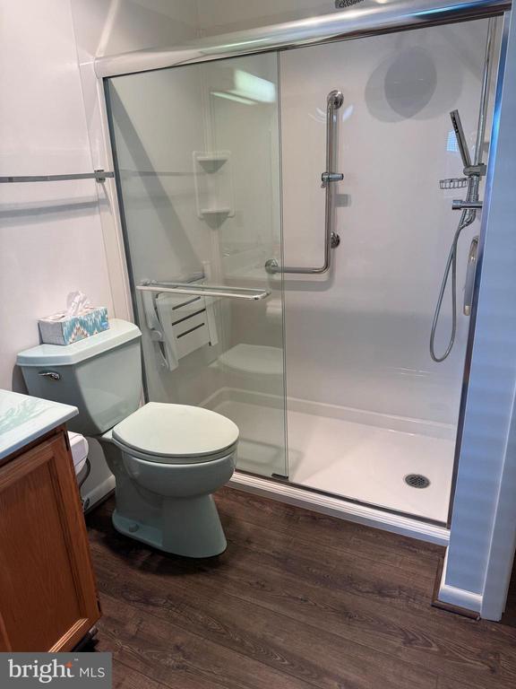 16 Park Ave, Luray, VA 22835 - bathroom featuring a shower stall, vanity, and wood finished floors