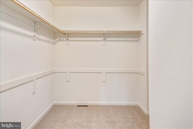 walk in closet featuring light carpet