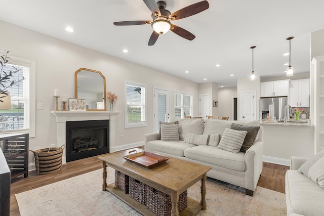 141 Tomasville Dr, Waynesboro, VA 22980 - living area with a fireplace, a ceiling fan, light wood-type flooring, and a healthy amount of sunlight