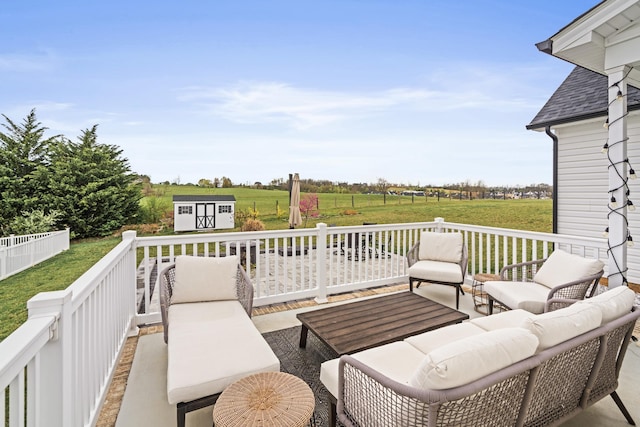 141 Tomasville Dr, Waynesboro, VA 22980 - wooden deck featuring an outdoor living space, an outbuilding, a shed, and a lawn