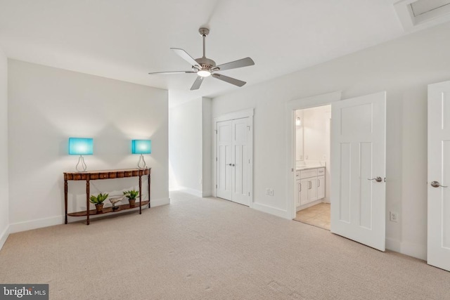 11206 Preswick Ln, Spotsylvania, VA 22551 - bedroom featuring light colored carpet, baseboards, ensuite bath, and ceiling fan