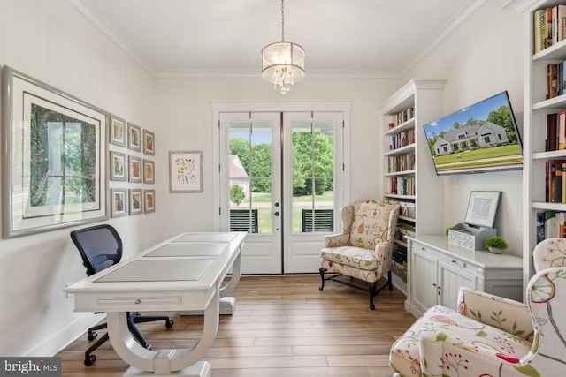 11206 Preswick Ln, Spotsylvania, VA 22551 - office area with crown molding, light wood finished floors, and a chandelier