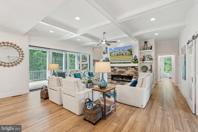 11206 Preswick Ln, Spotsylvania, VA 22551 - living area featuring coffered ceiling, plenty of natural light, ceiling fan, light wood finished floors, and a stone fireplace