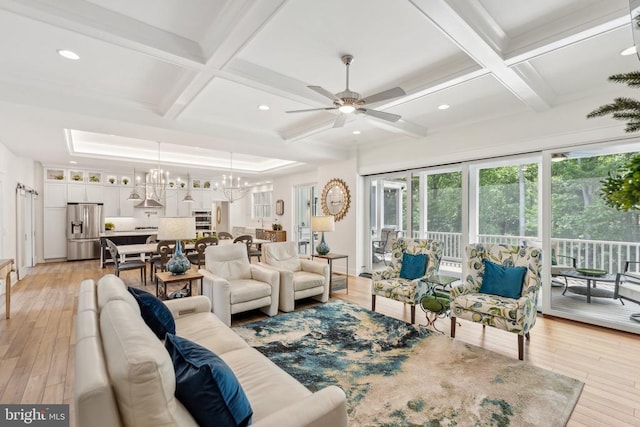 11206 Preswick Ln, Spotsylvania, VA 22551 - living room with coffered ceiling, a ceiling fan, a chandelier, light wood-type flooring, and recessed lighting