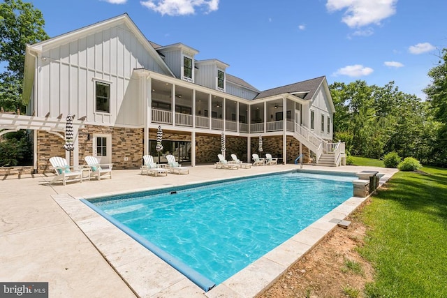11206 Preswick Ln, Spotsylvania, VA 22551 - swimming pool featuring ceiling fan, a patio area, stairway, a pergola, and a yard