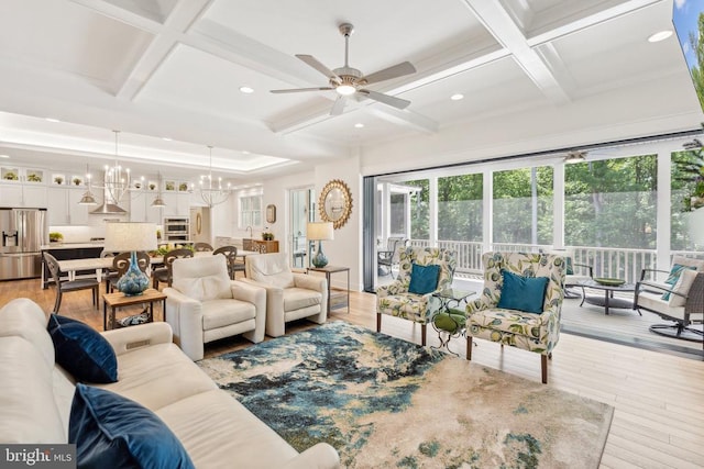 11206 Preswick Ln, Spotsylvania, VA 22551 - living area featuring coffered ceiling, ceiling fan, a chandelier, light wood-style floors, and recessed lighting