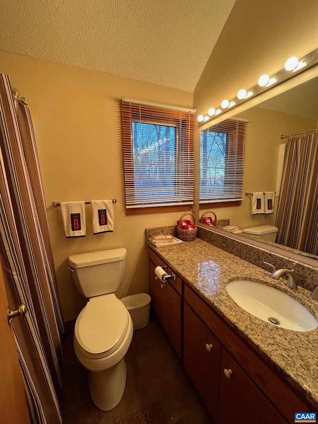 100 N Rock Tree Ln, Wintergreen Resort, VA 22967 - full bathroom featuring toilet, vaulted ceiling, tile patterned floors, a textured ceiling, and vanity
