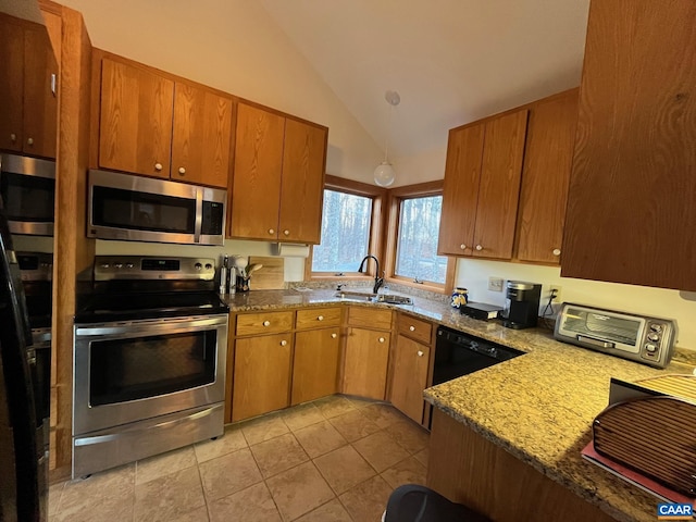 100 N Rock Tree Ln, Wintergreen Resort, VA 22967 - kitchen with stainless steel appliances, a sink, stone countertops, brown cabinetry, and high vaulted ceiling