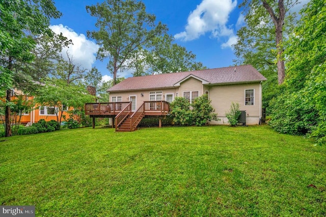 625 Yorktown Blvd, Locust Grove, VA 22508 - rear view of house featuring a deck, a lawn, stairs, and central air condition unit