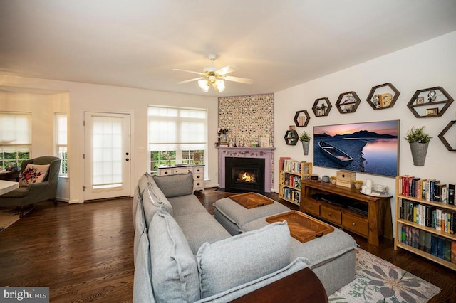 625 Yorktown Blvd, Locust Grove, VA 22508 - living area featuring a ceiling fan, dark wood-type flooring, and a fireplace with flush hearth