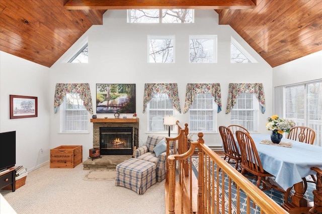 130 Rainier Rd, Mcgaheysville, VA 22840 - living area featuring high vaulted ceiling, carpet floors, wood ceiling, a fireplace, and baseboards