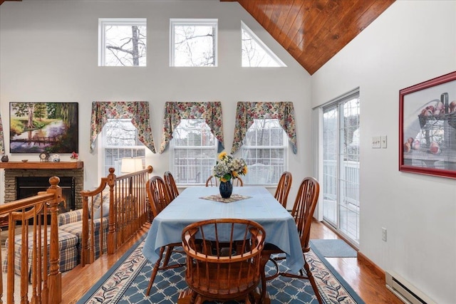 130 Rainier Rd, Mcgaheysville, VA 22840 - dining room featuring a baseboard radiator, wood finished floors, high vaulted ceiling, wood ceiling, and a fireplace