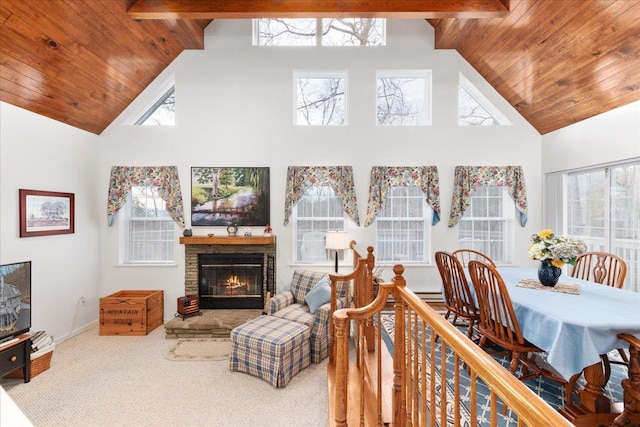 130 Rainier Rd, Mcgaheysville, VA 22840 - carpeted living room with wooden ceiling, high vaulted ceiling, a fireplace, and baseboards