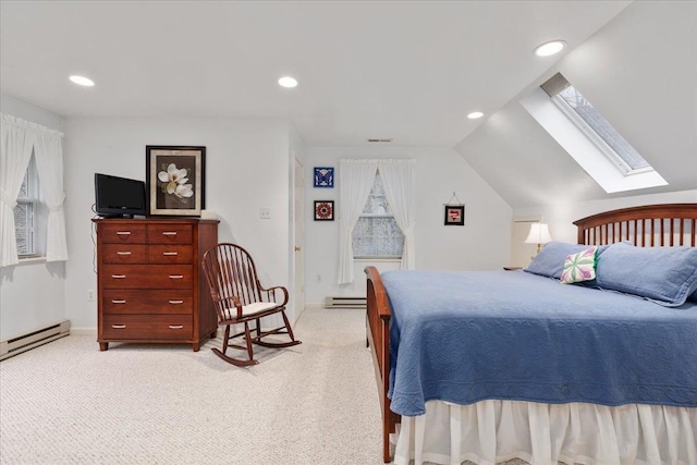 130 Rainier Rd, Mcgaheysville, VA 22840 - bedroom featuring a skylight, a baseboard heating unit, light colored carpet, recessed lighting, and lofted ceiling
