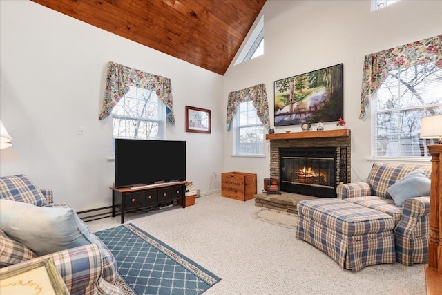 130 Rainier Rd, Mcgaheysville, VA 22840 - carpeted living room featuring high vaulted ceiling, a stone fireplace, baseboards, and wood ceiling
