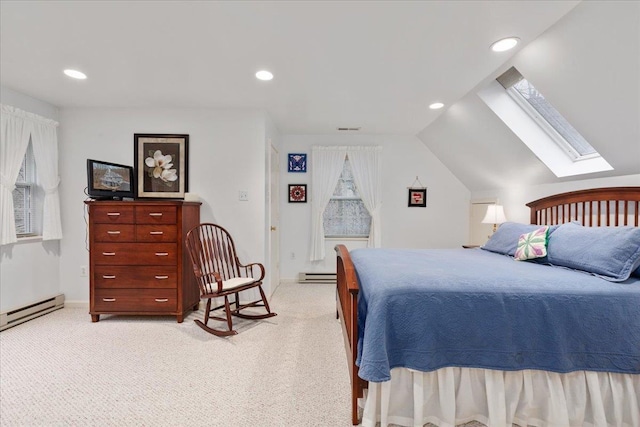 130 Rainier Rd, Mcgaheysville, VA 22840 - bedroom featuring a skylight, a baseboard heating unit, recessed lighting, light colored carpet, and vaulted ceiling
