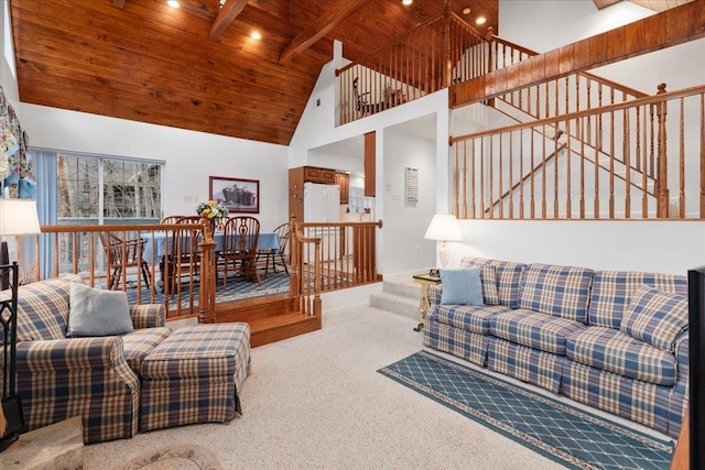130 Rainier Rd, Mcgaheysville, VA 22840 - living room with wooden ceiling, carpet floors, high vaulted ceiling, and recessed lighting