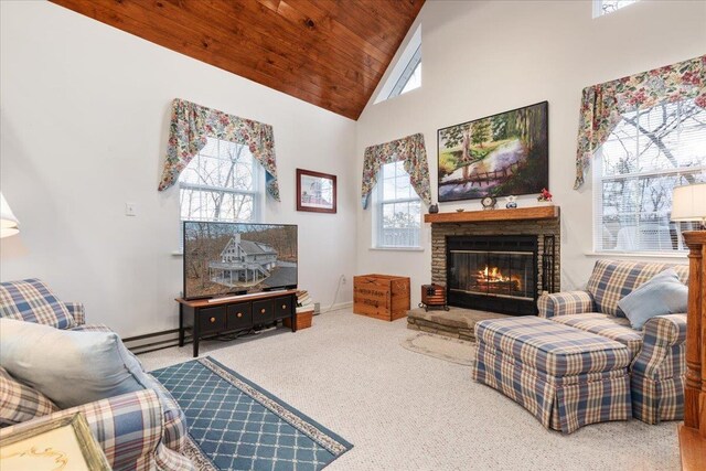 130 Rainier Rd, Mcgaheysville, VA 22840 - carpeted living area featuring high vaulted ceiling, a fireplace, wooden ceiling, and baseboards
