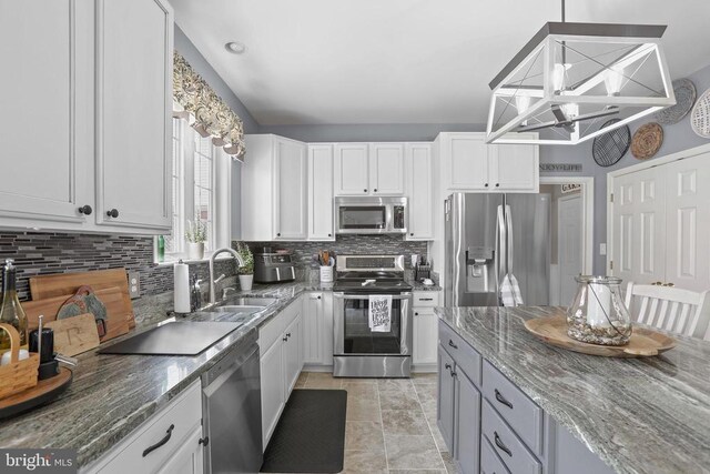 2609 Melissa Ct, Fredericksburg, VA 22408 - kitchen with stainless steel appliances, a sink, decorative backsplash, and dark stone counters