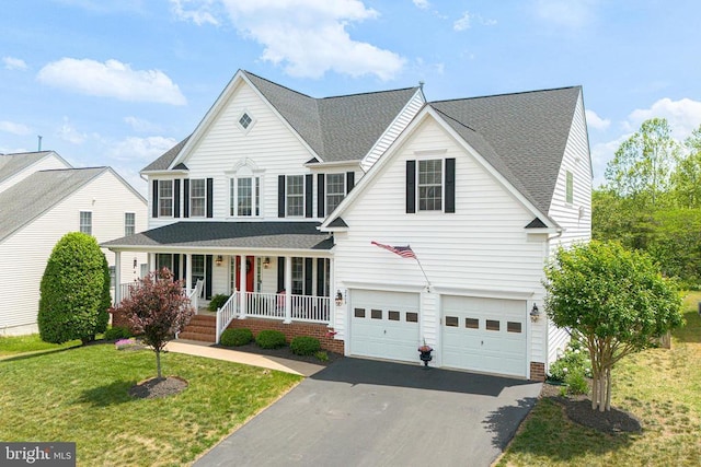 2609 Melissa Ct, Fredericksburg, VA 22408 - traditional home with covered porch, a garage, asphalt driveway, a front yard, and roof with shingles