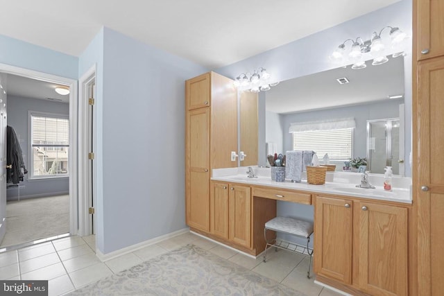 2609 Melissa Ct, Fredericksburg, VA 22408 - bathroom with tile patterned flooring, plenty of natural light, double vanity, and a stall shower