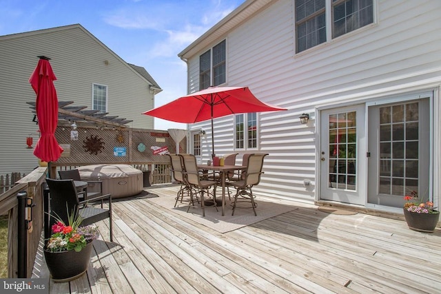 2609 Melissa Ct, Fredericksburg, VA 22408 - wooden terrace with a hot tub, outdoor dining space, and a pergola