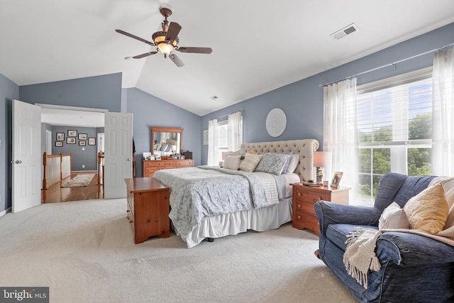 2609 Melissa Ct, Fredericksburg, VA 22408 - bedroom featuring light colored carpet, vaulted ceiling, and a ceiling fan