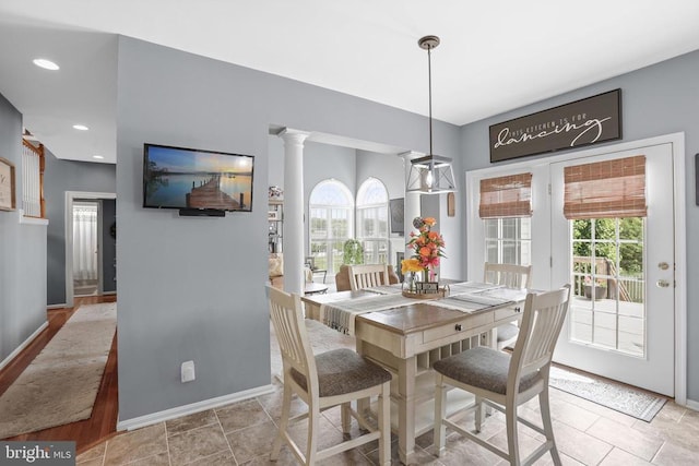 2609 Melissa Ct, Fredericksburg, VA 22408 - dining room featuring healthy amount of natural light, baseboards, ornate columns, and recessed lighting