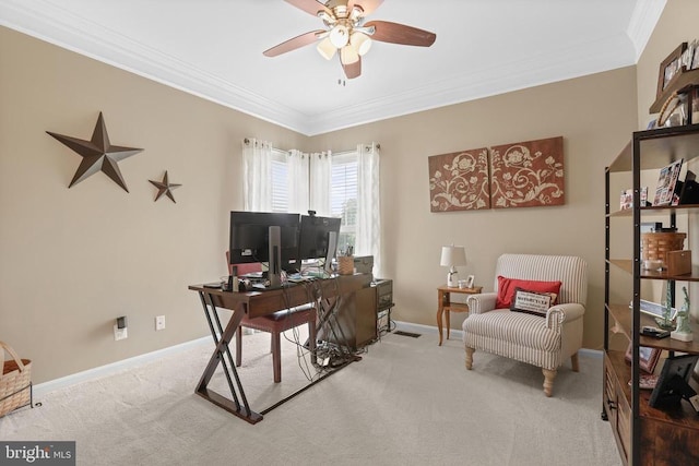 2609 Melissa Ct, Fredericksburg, VA 22408 - carpeted office with ornamental molding, a ceiling fan, and baseboards