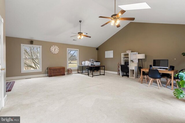 carpeted office with high vaulted ceiling and ceiling fan