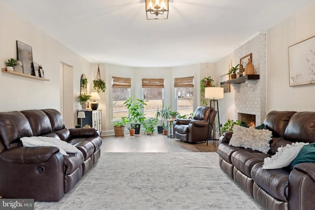 living room featuring a fireplace and hardwood / wood-style floors