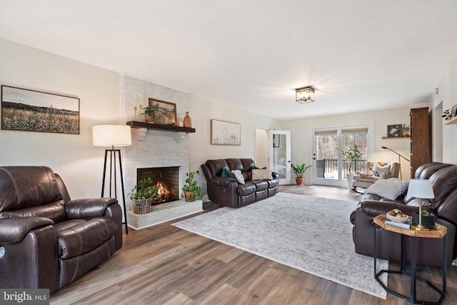 living room with hardwood / wood-style flooring and a fireplace