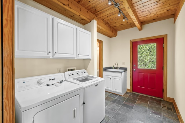 66 Spencer Ln, Lovingston, VA 22949 - laundry area featuring a sink, cabinet space, separate washer and dryer, track lighting, and wooden ceiling