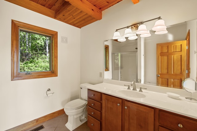 66 Spencer Ln, Lovingston, VA 22949 - full bathroom featuring toilet, vanity, tile patterned floors, wooden ceiling, and a stall shower