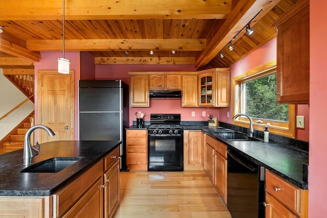 66 Spencer Ln, Lovingston, VA 22949 - kitchen featuring a sink, light wood-type flooring, black appliances, under cabinet range hood, and wooden ceiling