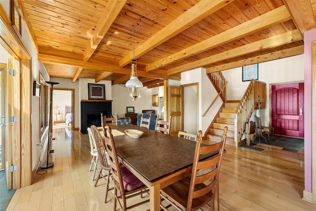 66 Spencer Ln, Lovingston, VA 22949 - dining area featuring wooden ceiling, stairs, hardwood / wood-style floors, beam ceiling, and a large fireplace