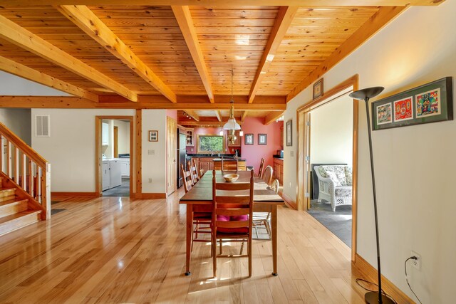 66 Spencer Ln, Lovingston, VA 22949 - dining space with wood ceiling, visible vents, baseboards, beamed ceiling, and stairs