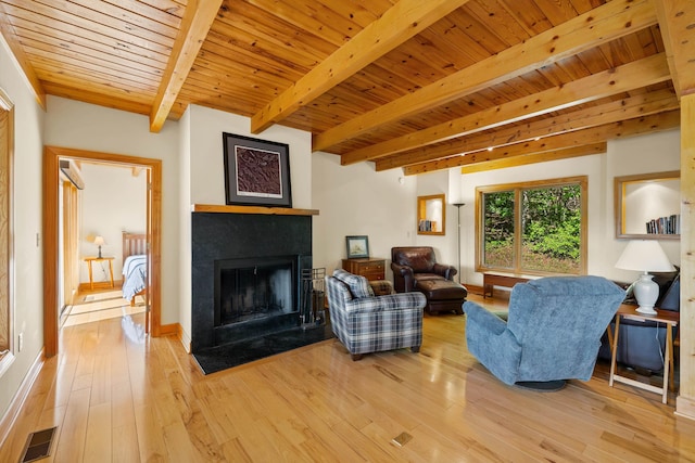 66 Spencer Ln, Lovingston, VA 22949 - living room with beam ceiling, a fireplace with flush hearth, and wood ceiling