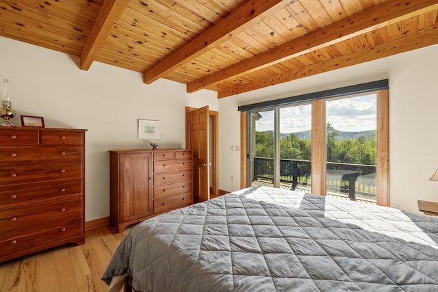 66 Spencer Ln, Lovingston, VA 22949 - bedroom featuring a mountain view, beam ceiling, light wood-type flooring, wooden ceiling, and access to outside