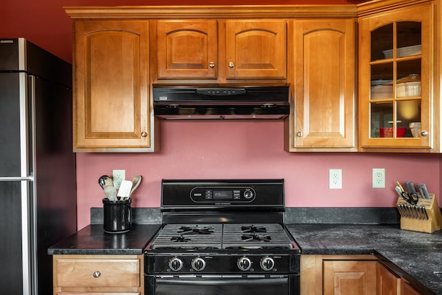 66 Spencer Ln, Lovingston, VA 22949 - kitchen with glass insert cabinets, brown cabinetry, extractor fan, black appliances, and dark countertops
