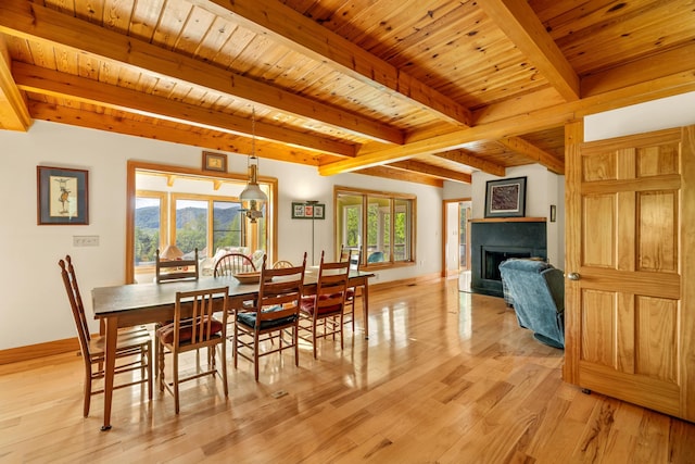 66 Spencer Ln, Lovingston, VA 22949 - dining area featuring beam ceiling, light wood-type flooring, a fireplace, wood ceiling, and baseboards