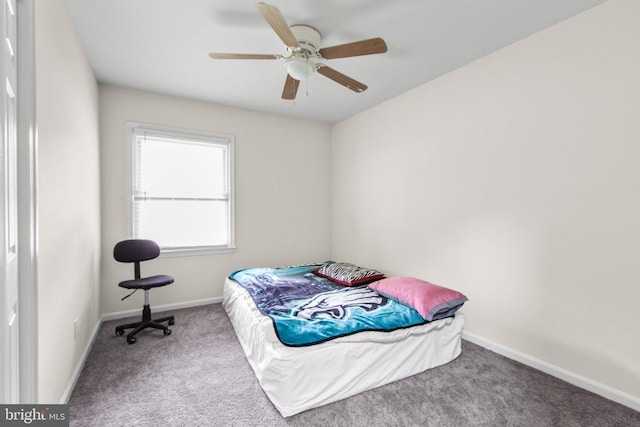 bedroom featuring carpet flooring, baseboards, and ceiling fan