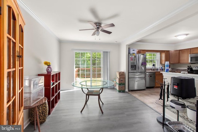 dining space with crown molding, a ceiling fan, and light wood-style flooring
