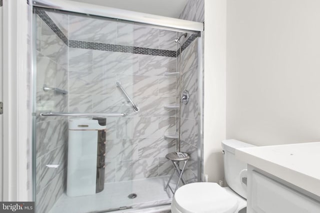 bathroom featuring vanity, a stall shower, and toilet