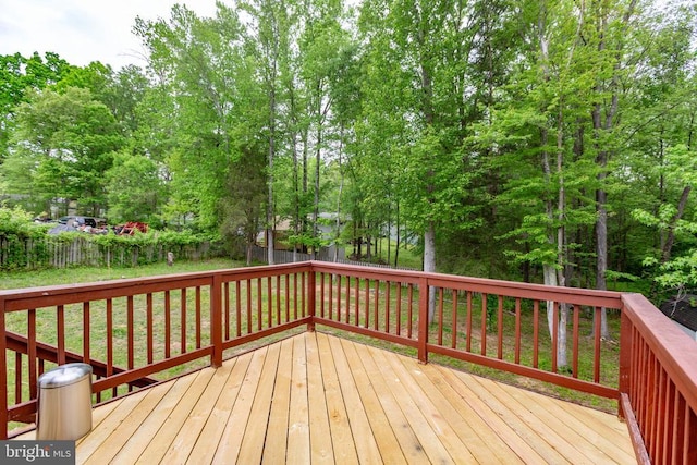 wooden deck with a fenced backyard