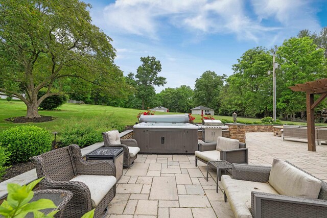 4111 Spotswood Trl, Penn Laird, VA 22846 - view of patio with a hot tub, an outdoor hangout area, and view of wooded area